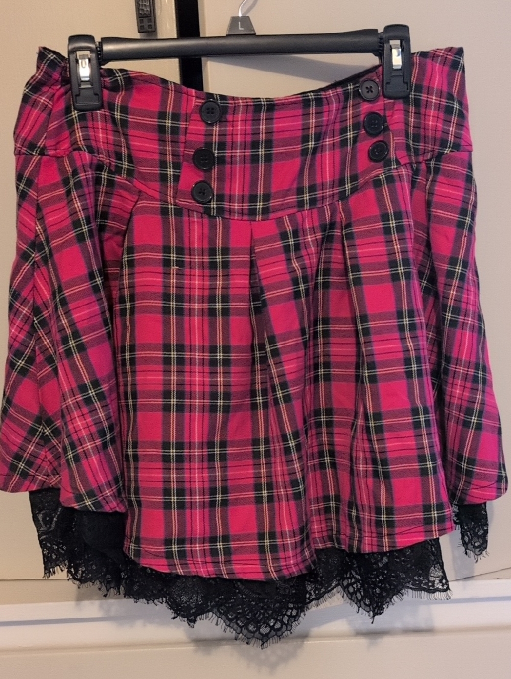 Pink Plaid Mini Skirt with Black Lace Trim